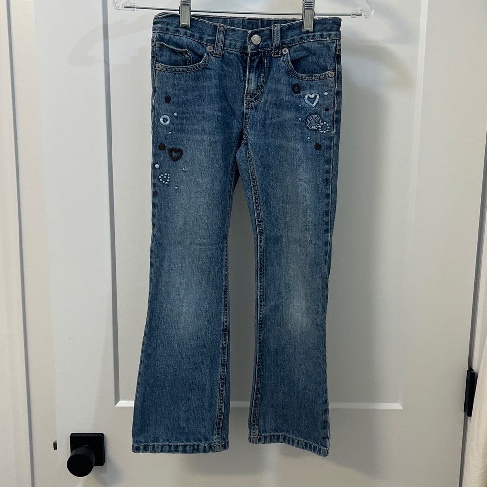 Gymboree Flare Jeans Blue Faded Adjustable Embroidery Embellished, Size 8 Girls